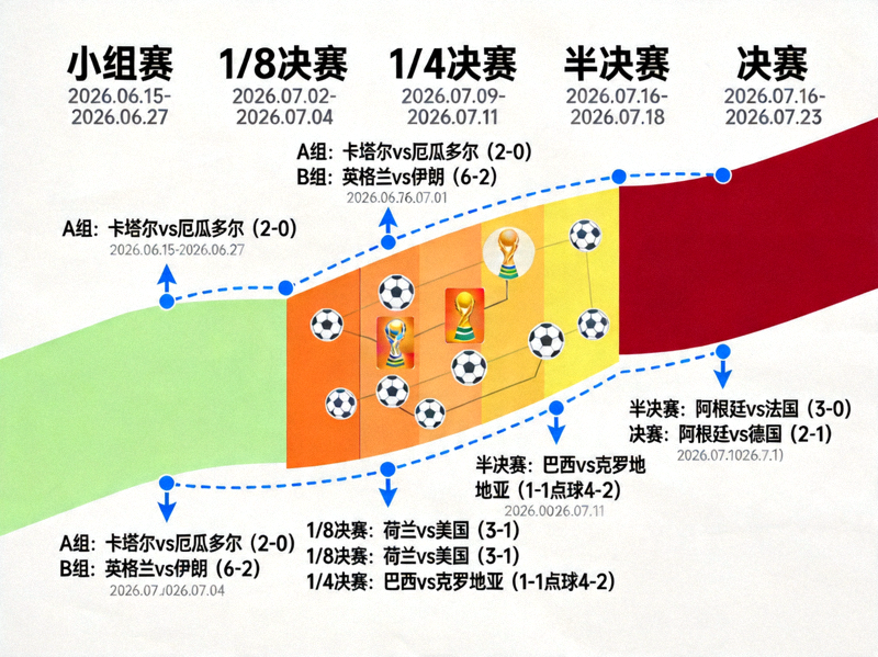 从小组赛到决赛的2026世界杯动态时间轴，显示实时赛果与晋级路径