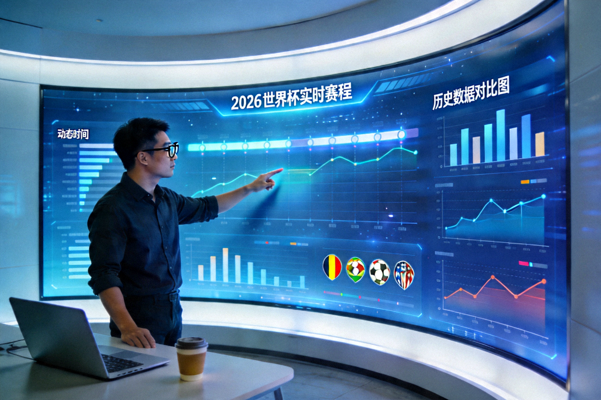 数据分析师在巨大屏幕前解析2026世界杯实时赛程与历史数据对比图